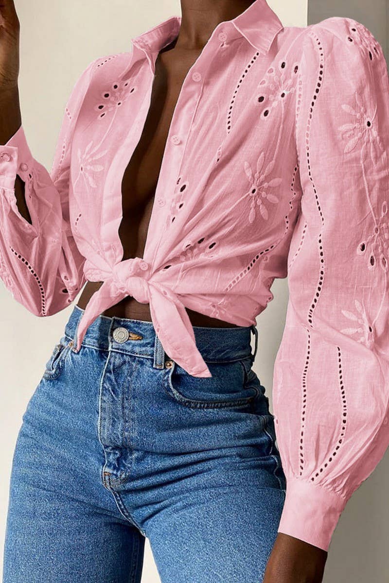 CWTSTL01000_CASUAL LOOSE HOLLOW OUT PUFF SLEEVE  TOP