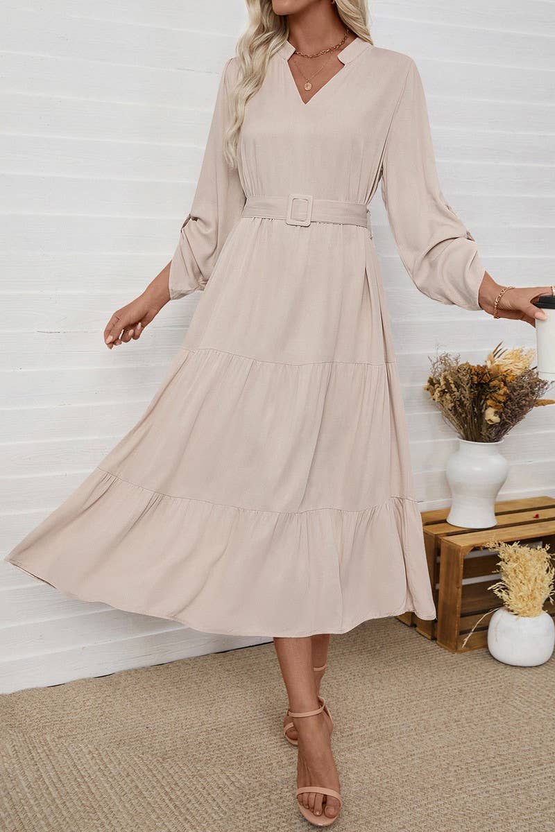 CWDMD6288_SOLID BELTED STAND COLLAR LONG SLEEVE DRESS