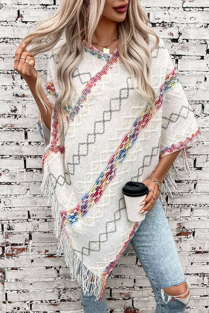 CWOSWS0095_COLORFUL STRIPED KNITTED FRINGE CAPE SHAWL