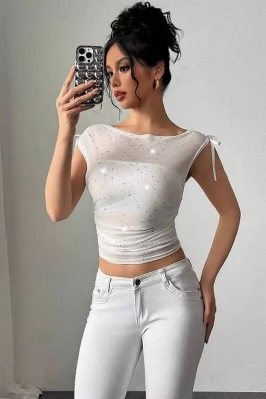 CWTBLSL0879_SEQUIN MESH OFF-SHOULDER BOW RUCHED TOP