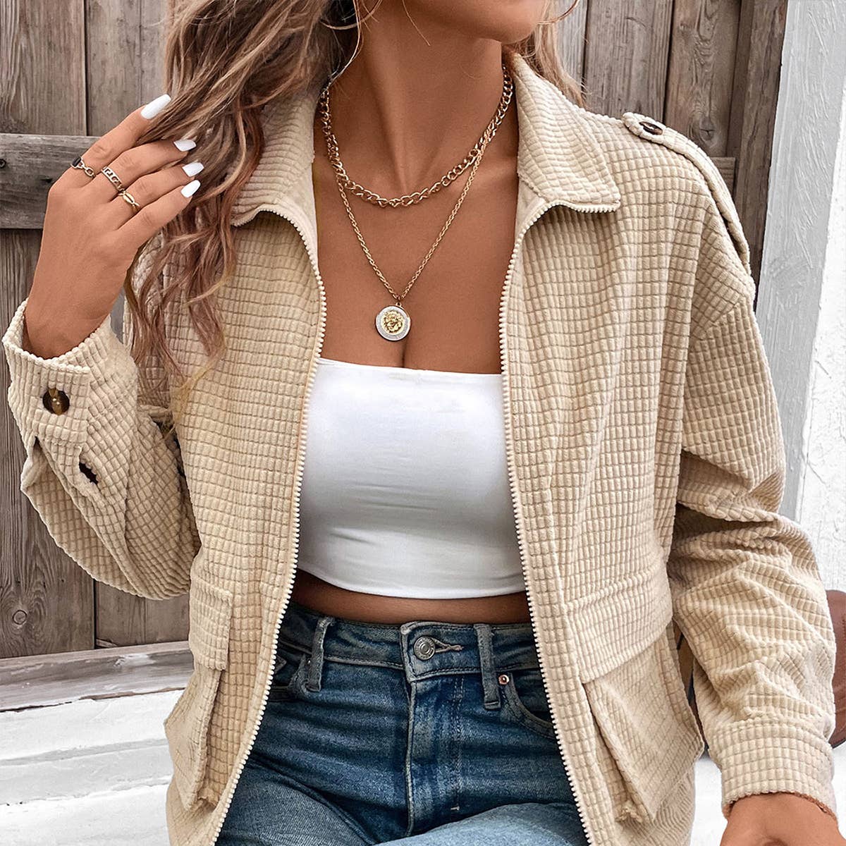 Casual texture zip-up coat with lapel