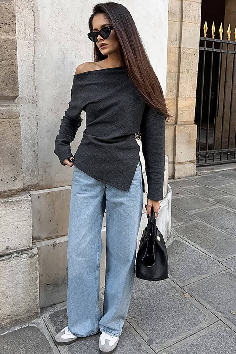 CWTBLL00609_OFF-THE-SHOULDER IRREGULAR KNIT T-SHIRT TOP