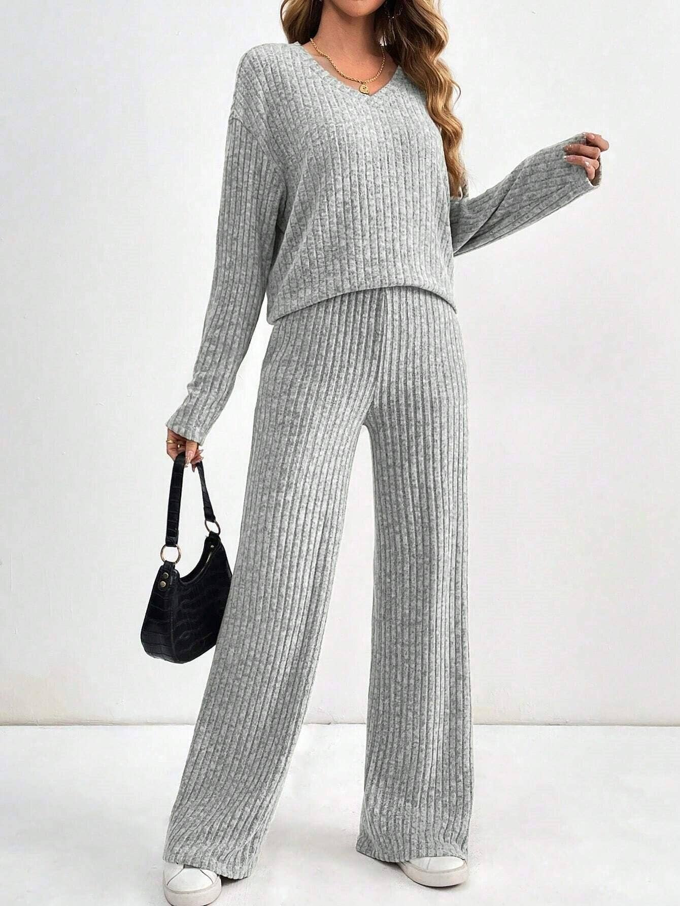 Casual straight-leg pants V-neck striped suit