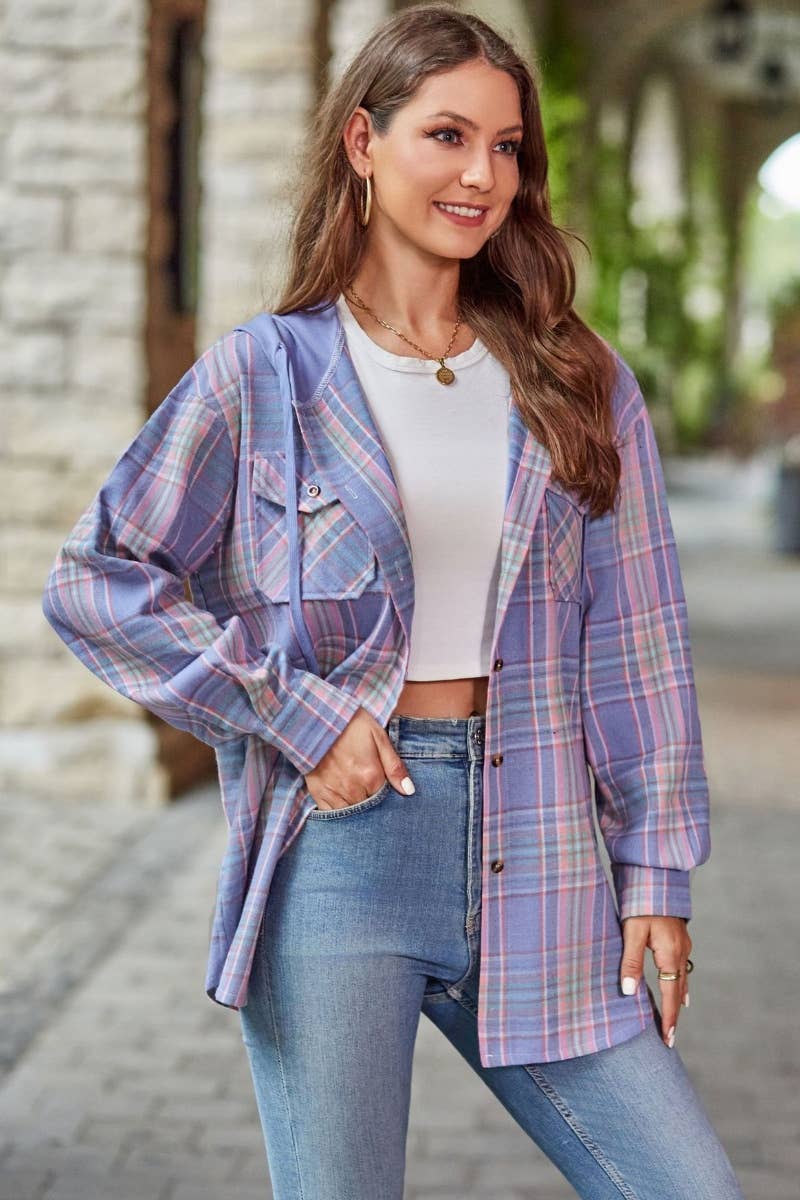 CWTSTL1718_FALL CASUAL LONG-SLEEVED HOODED PLAID SHIRT TOP