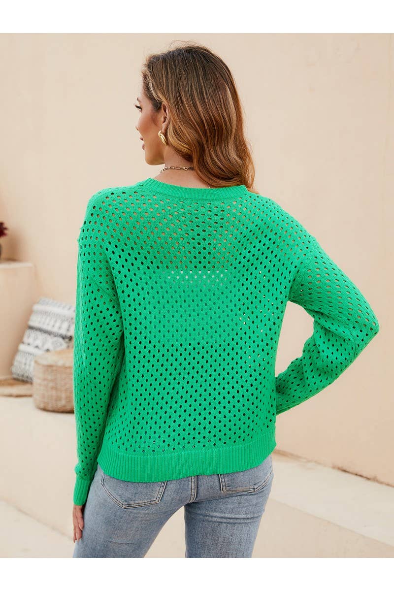 CWOSWL2449_Knit Hollow Out Crew Neck Long Sleeve Sweater