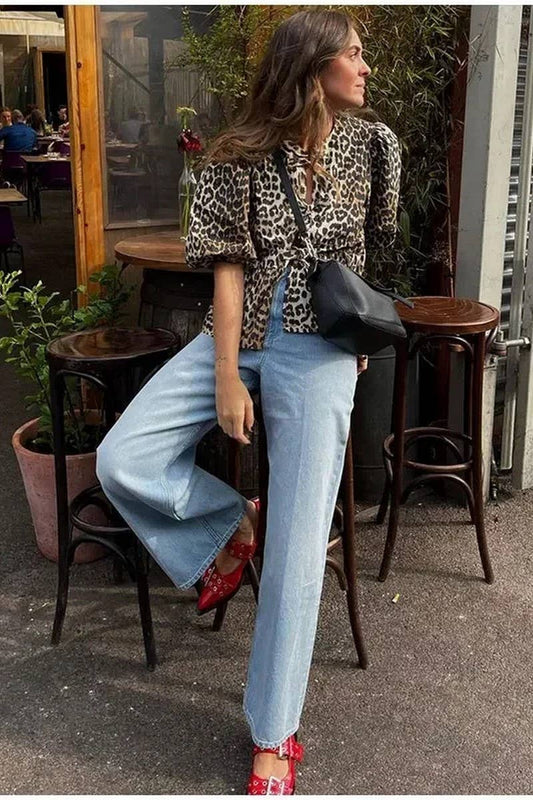 CWTBLL00717_SOLID COLOR PUFF SLEEVE PRINT LACE-UP SHIRT