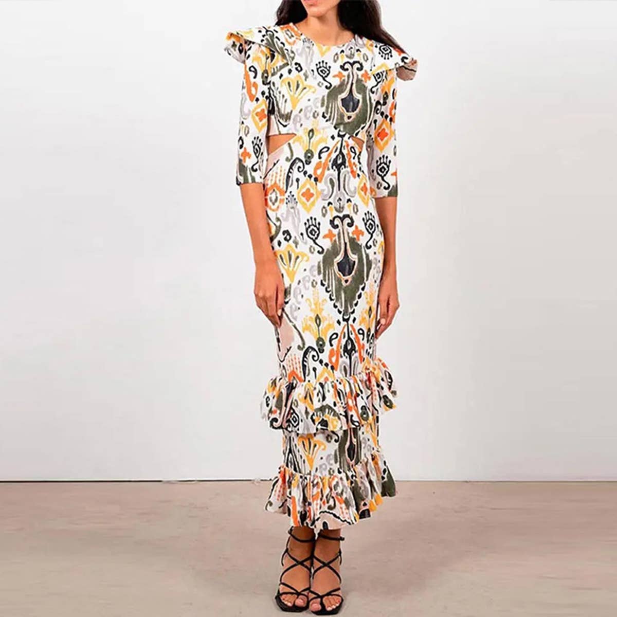 CUT-OUT FLY-SLEEVE PRINT DRESS