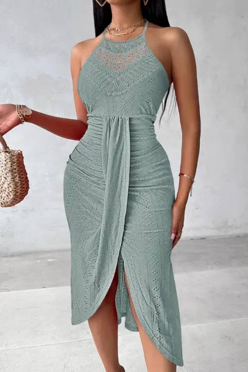 CWDHL1090_SUMMER HOLLOW HALTER NECK FRONT RUFFLE SEXY DRESS