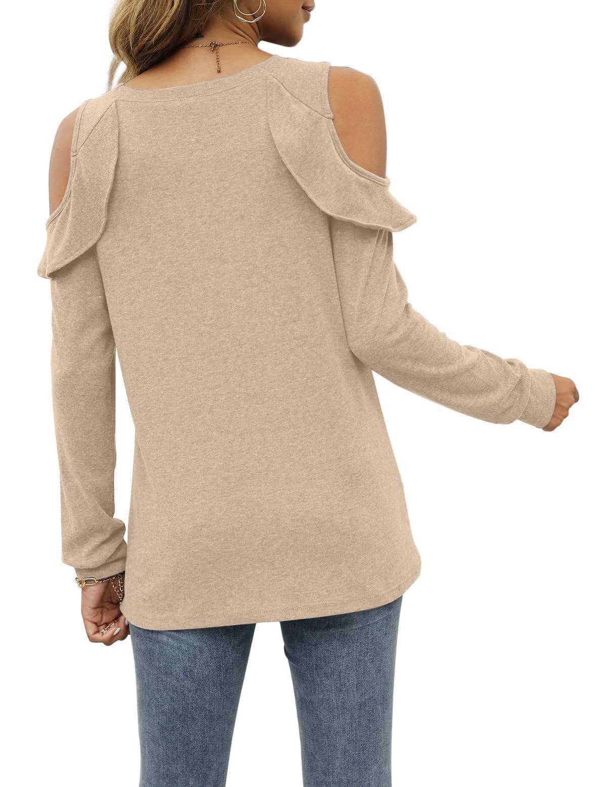 CREW-NECK, OFF-SHOULDER, RUFFLED CASUAL SWEATER