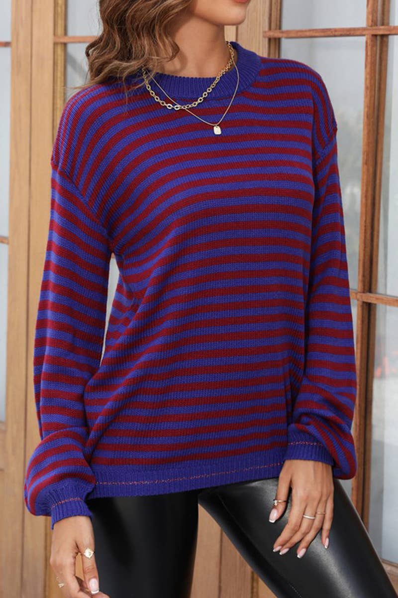 CWOSWL1689_Crew Neck Long Sleeve Striped Pullover Sweater