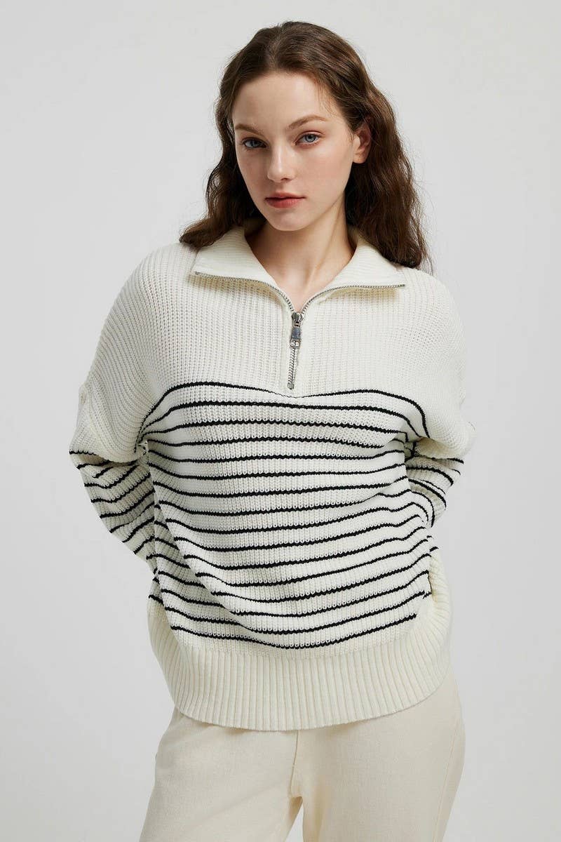 CWOSWL6266_TURTLENECK STRIPED COLORBLOCK ZIP-UP SWEATER