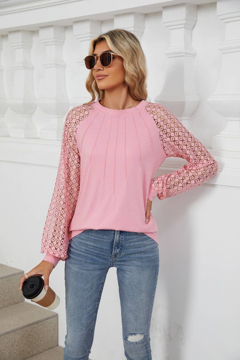 CWTBLL2349_AUTUMN AND WINTER ROUND NECK LACE CASUAL T-SHIRT