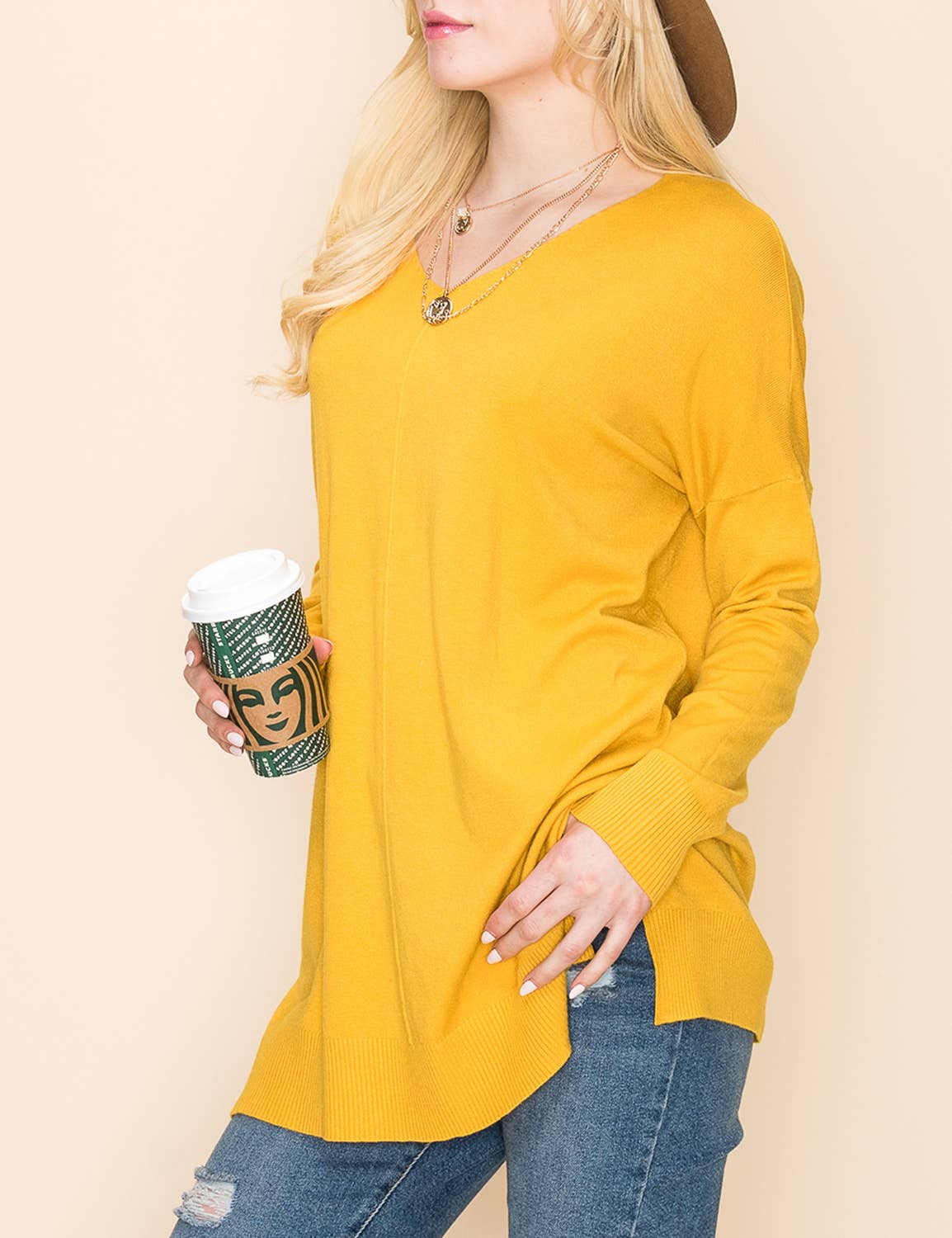CWOSWL1826_V NECK LOOSE FIT TUNIC LENGTH SOFT SWEATER TOP