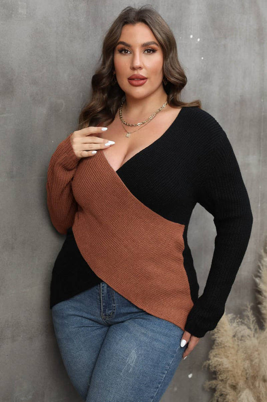 CWOSWL1569_PLUS Size V-Neck Long Sleeve Pullover Sweater