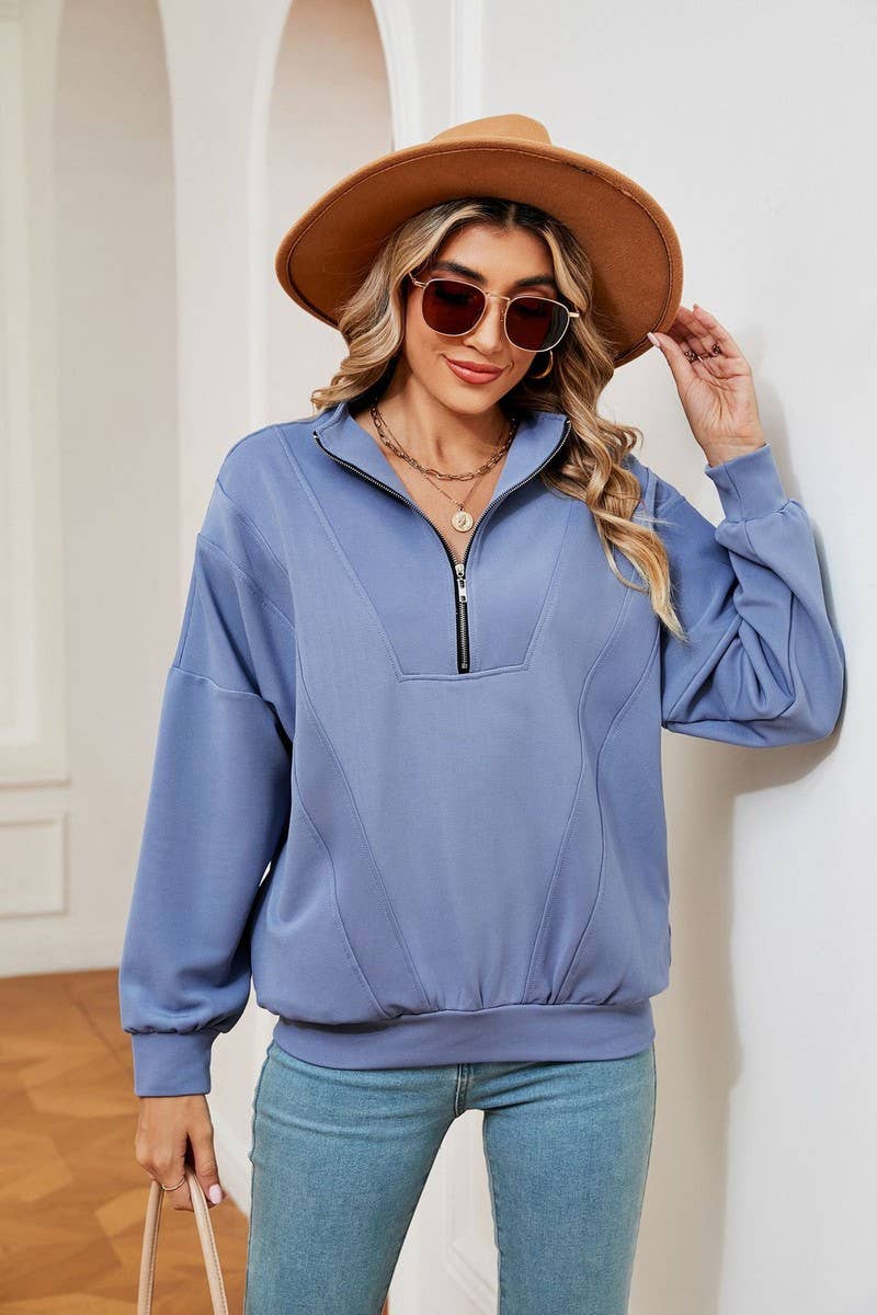 CWTBLL2399_ZIPPERED STAND COLLAR POCKET CASUAL SWEATSHIRT