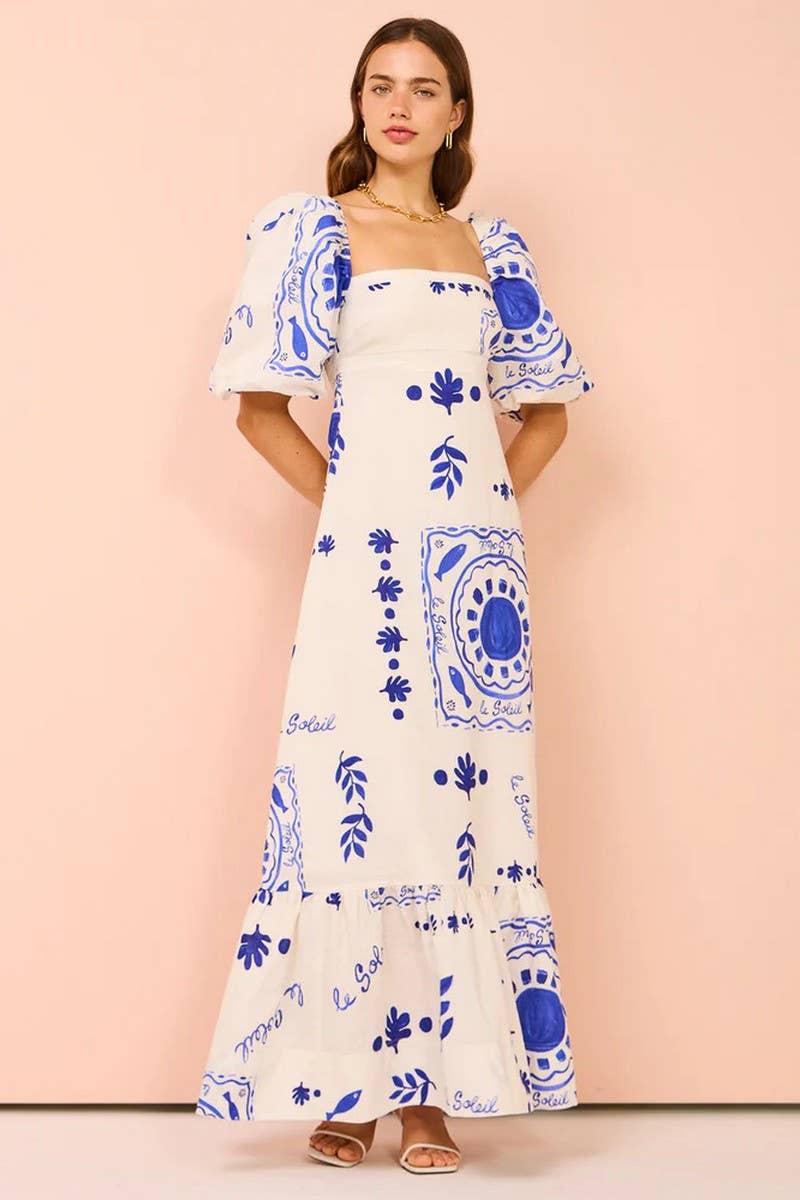 CWDMD6097_OFF SHOULDER PRINT LANTERN SLEEVE PATCHWORK DRESS