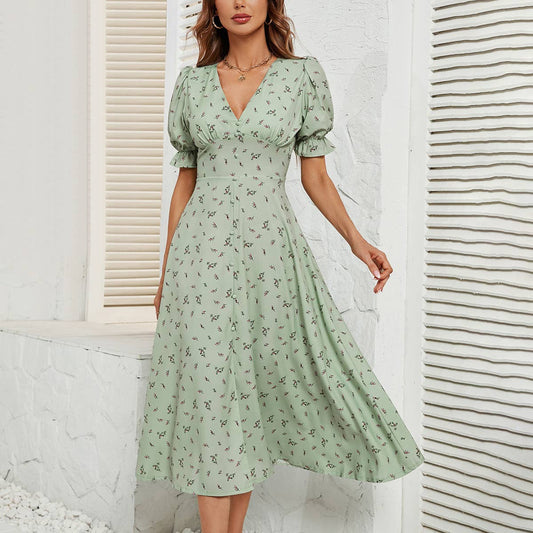 FLORAL DRESS WITH PRINTED BUTTON WAIST