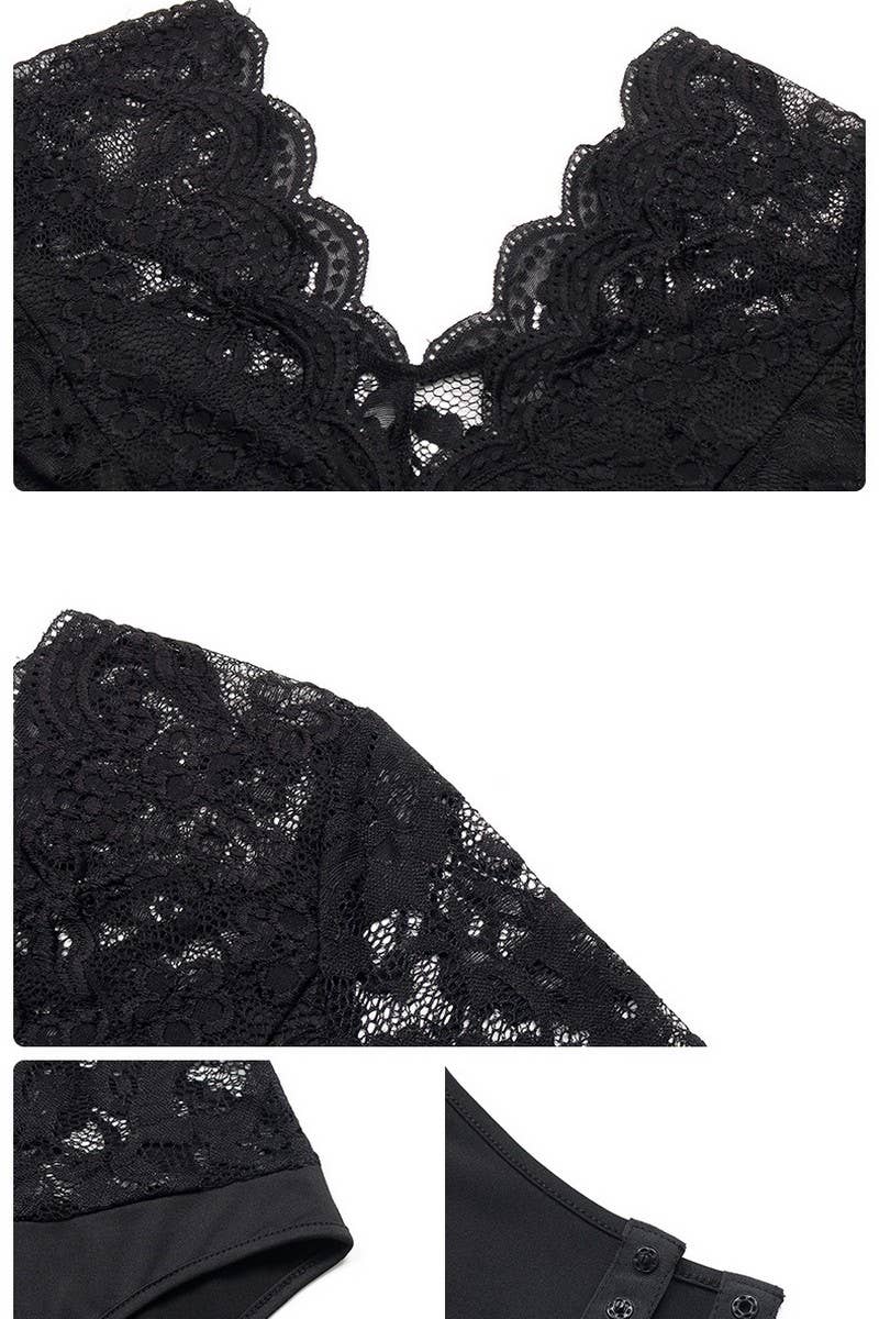CWSBSL0056_V-NECK LACE PANELED SEXY LONG SLEEVE BODYSUIT