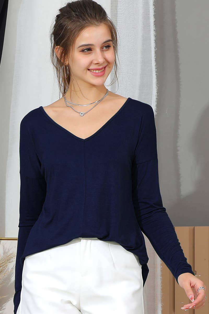 CWTTL1484_Casual V-Neck Loose Fit Long Sleeve Tops