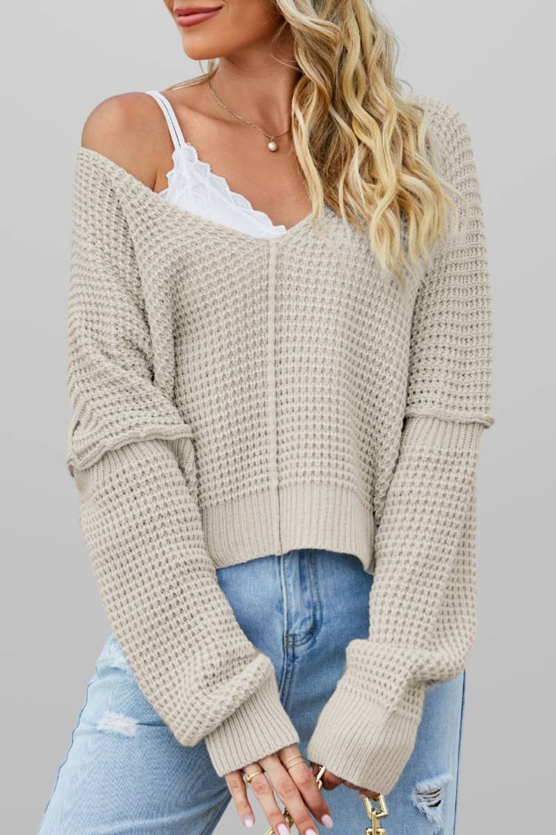CWOSWL5882_KNIT LONG-SLEEVED V-NECK SHOULDER SWEATER