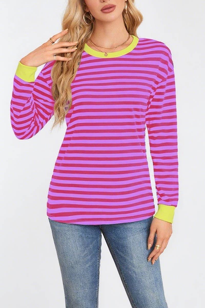 CWTBLL4109_STRIPED ROUND NECK LONG SLEEVE CASUAL TOP