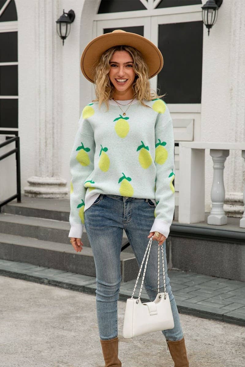 CWOSWL07604_LOOSE LEMON PRINT CREWNECK KNIT TOP