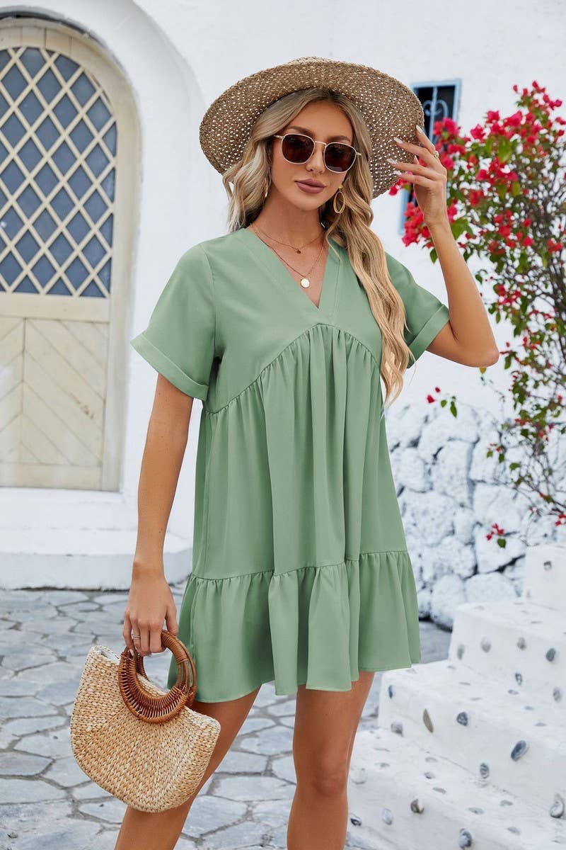 CWDSD3113_V Neck Tiered Short Sleeve Dress