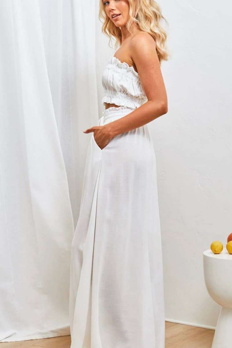 CWBLP0705_SOLID COLOR ELASTIC WAIST TIE WIDE LEG PANTS