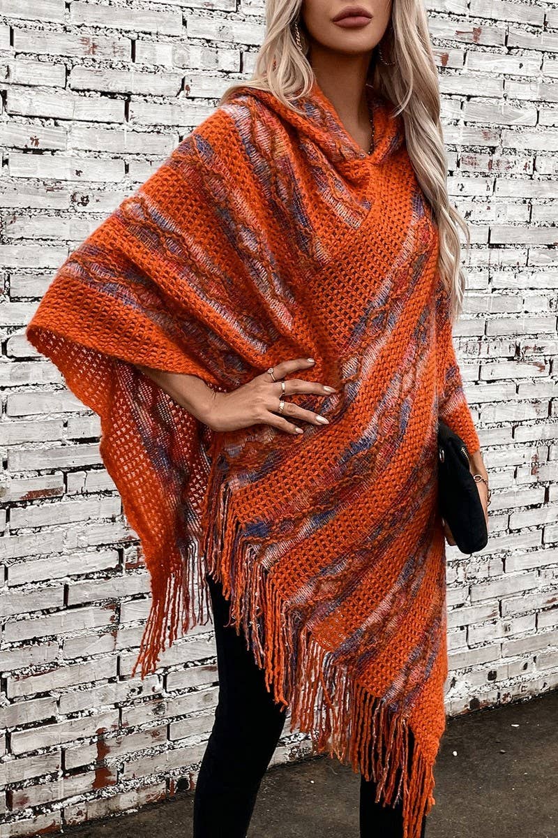CWOSWS0091_STRIPED HOODED KNITTED FRINGED CAPE SHAWL