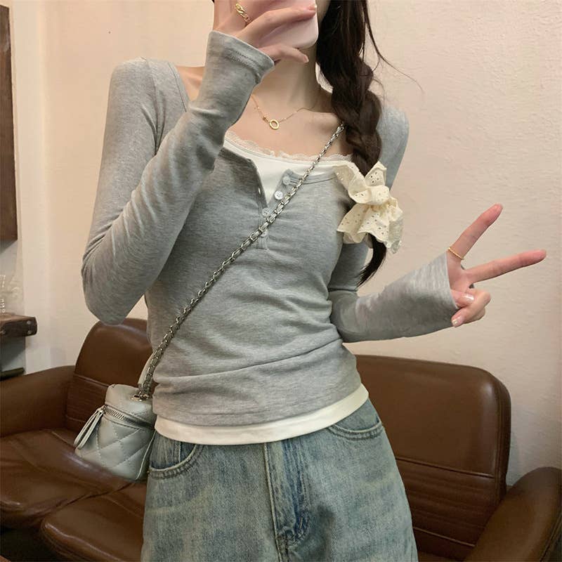 COLOR MATCHING FAKE TWO SINGLE SLIM-FIT TOP