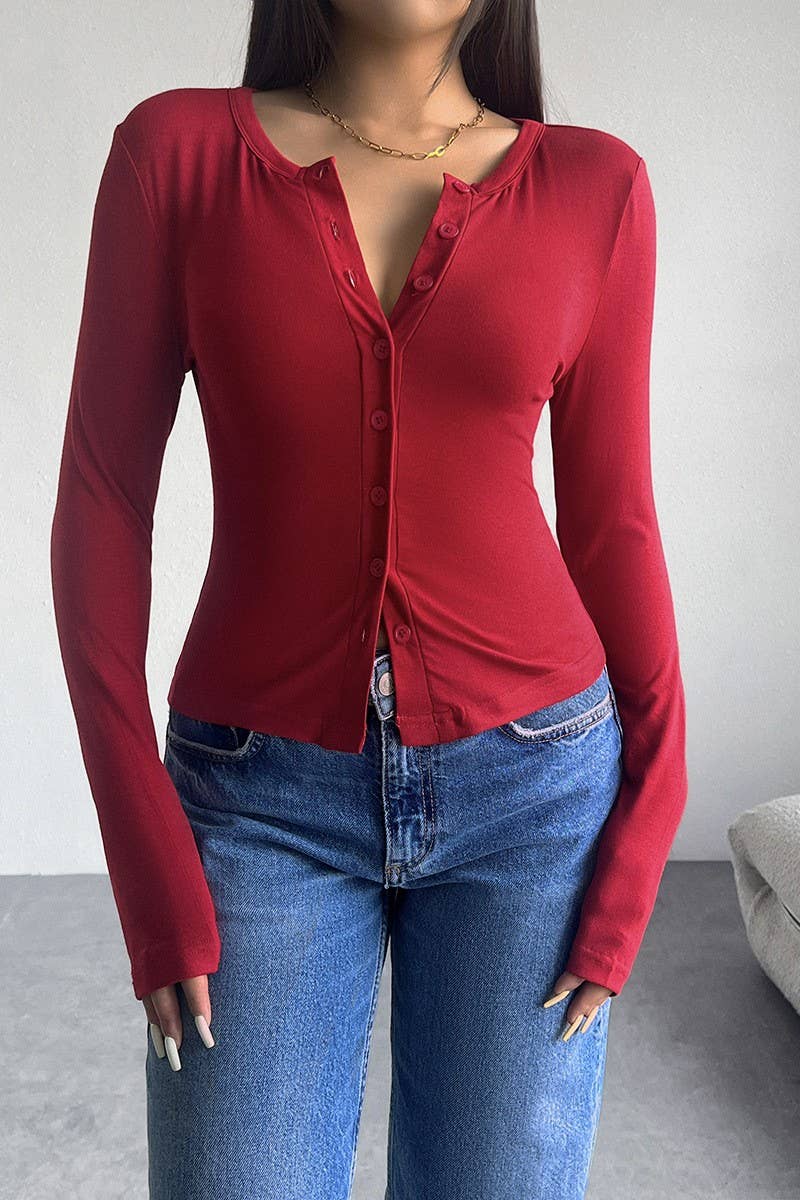 CWTTL1963_SOLID COLOR SLIM FIT CARDIGAN BUTTON TOP