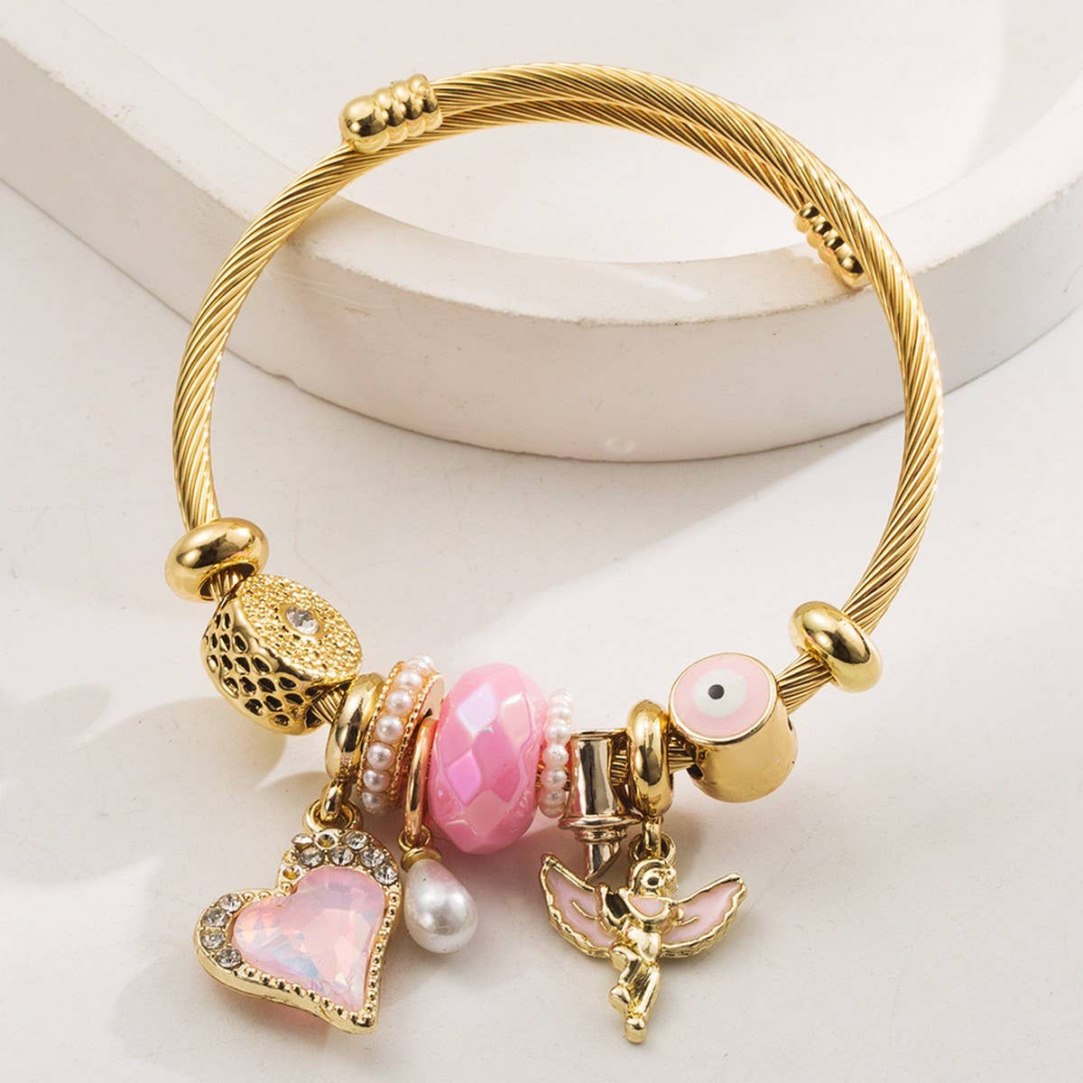 DIY Beaded Steel Bracelet with Angel & Heart