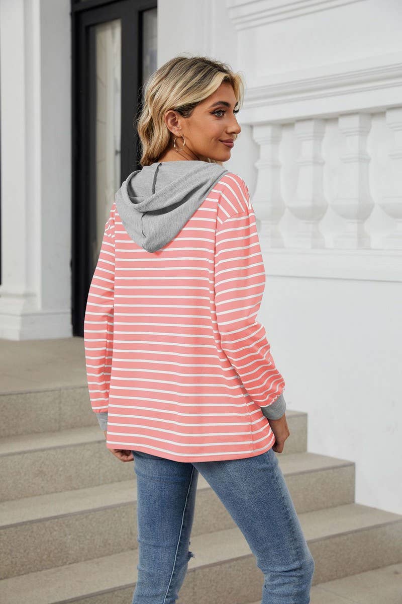 CWOHOL0719_HOODED BUTTON DRAWSTRING LONG SLEEVE SWEATSHIRT