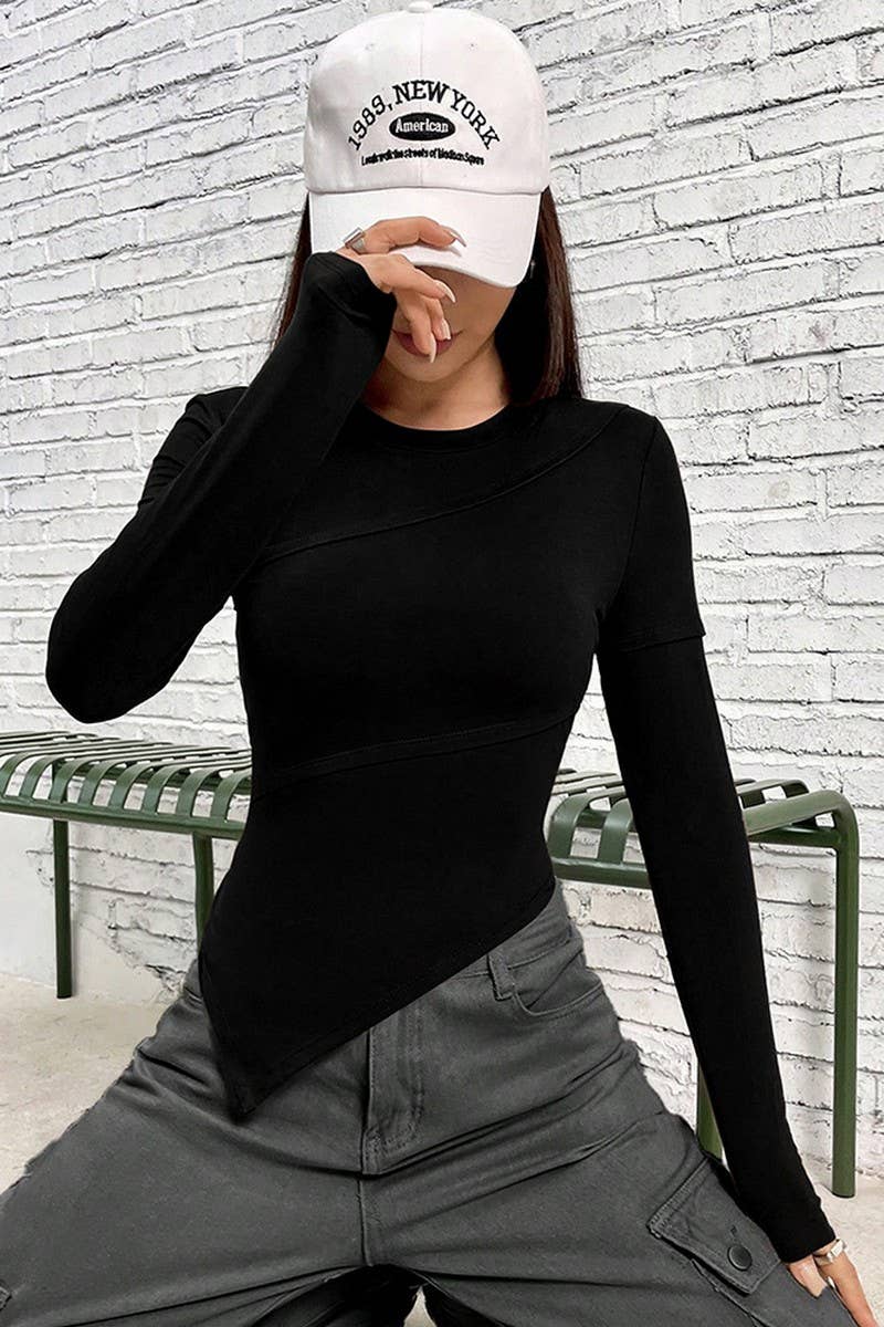 CWTBLL2725_ASYMMETRIC CREW NECK SOLID COLOR KNIT TOP