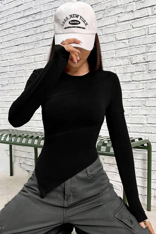 CWTBLL2725_ASYMMETRIC CREW NECK SOLID COLOR KNIT TOP
