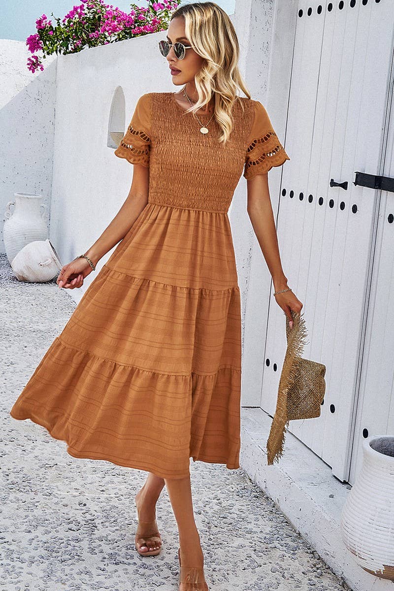 CWDSD2795_Smocking Detailed Short Sleeve Dress