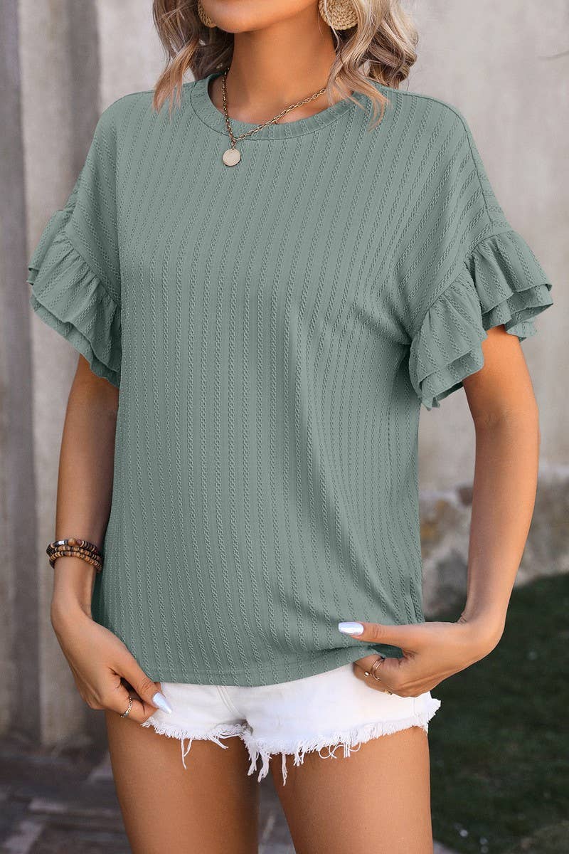 CWTBLS0906_ROUND NECK SHORT SLEEVE SHIRT WITH LOTUS SLEEVES