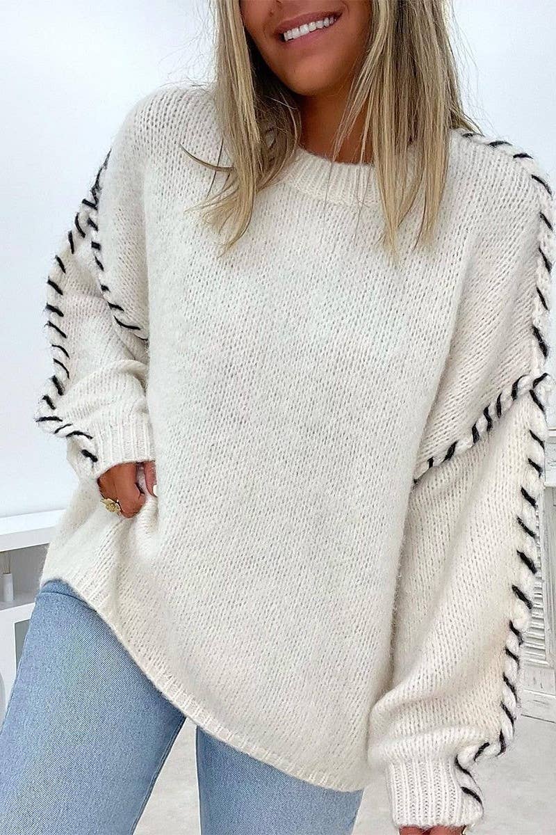 CWOSWL5814_CREW NECK LONG SLEEVE KNIT SWEATER TOP