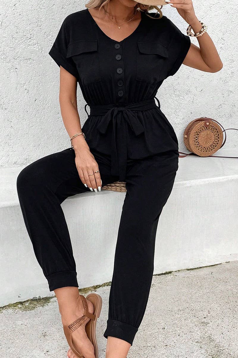 CWSJS1322_SUMMER CASUAL SHORT-SLEEVED BLACK JUMPSUIT