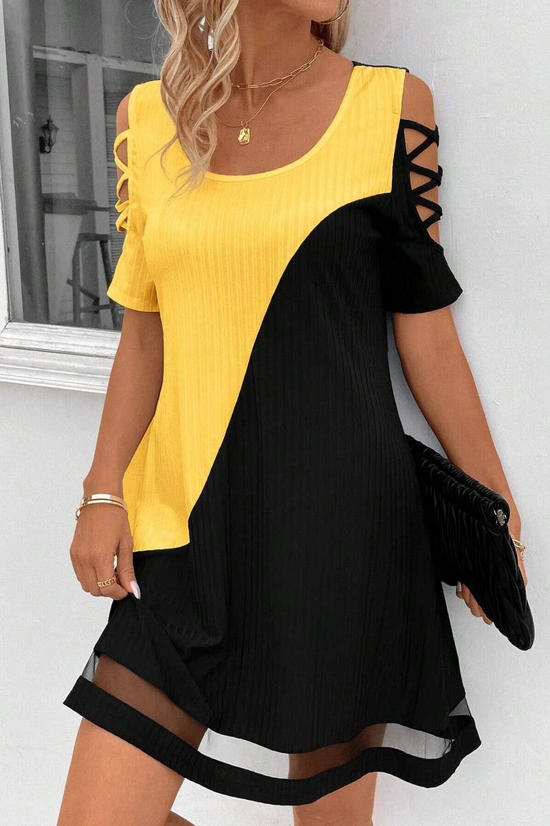 CWDSD7555_TEMPERAMENT COLOR MATCHING HOLLOW MESH DRESS