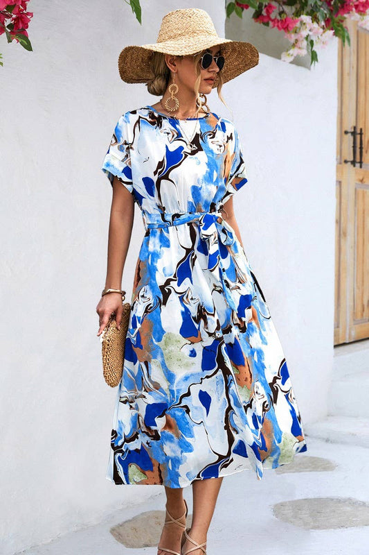 CWDMD2770_ROUND NECK PRINTED LACE-UP MAXI DRESS