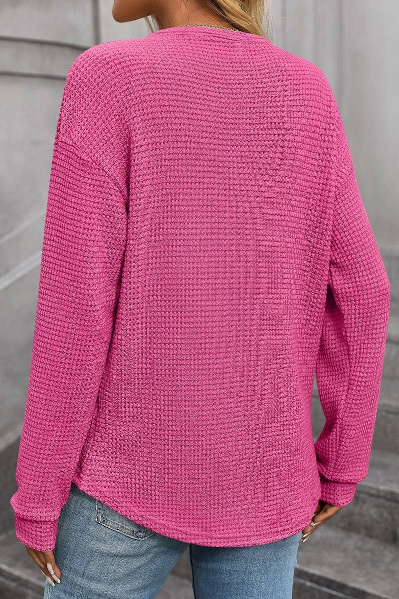 CWTBLL1821_WAFFLE SOLID COLOR ROUND NECK POCKET LOOSE TOP