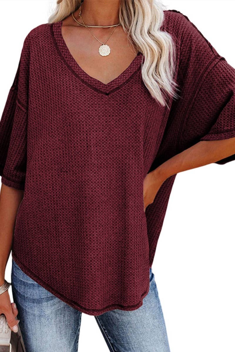 CWOSWS0099_KNIT V-NECK BAT-SLEEVED LOOSE MID-SLEEVED TOP