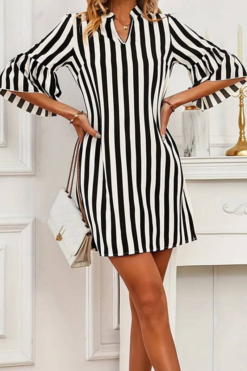 CWDSD7718_SUMMER STRIPED TRUMPET SLEEVE LOOSE A-LINE SKIRT