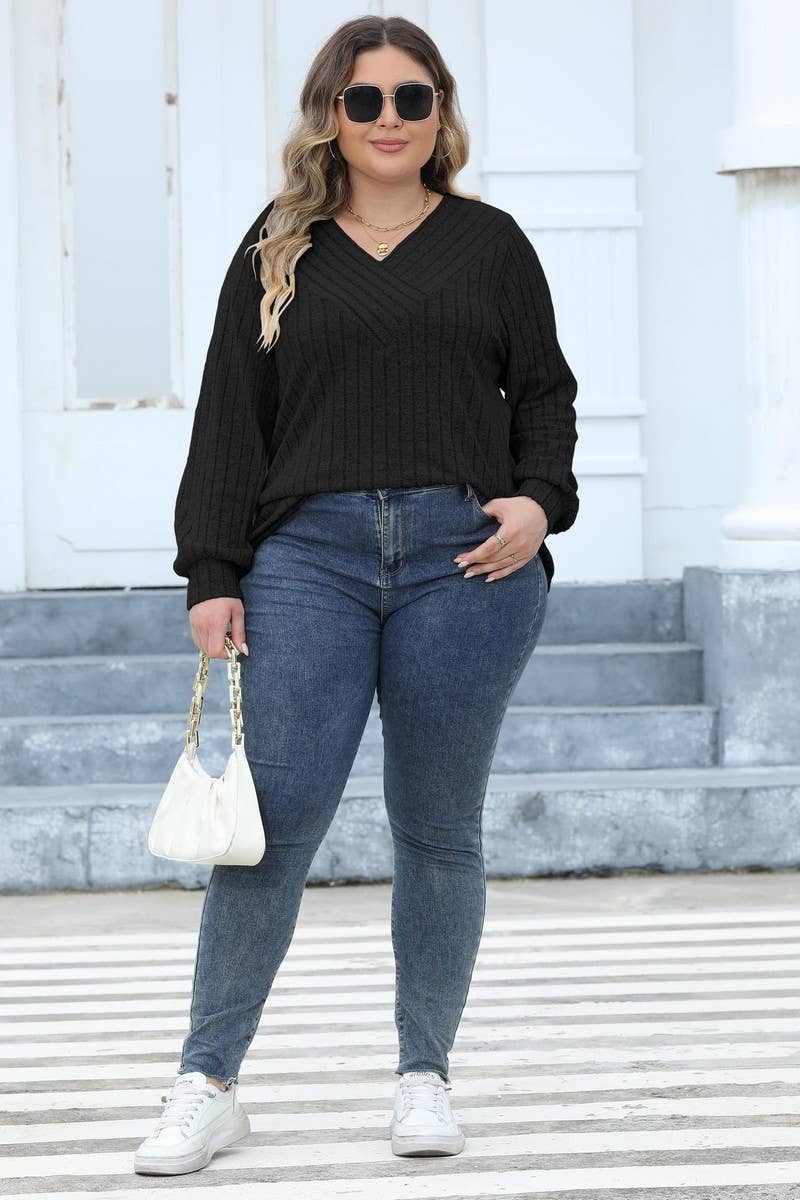 CWTTL1311_PLUS Size V-Neck Long Sleeve Pullover Top
