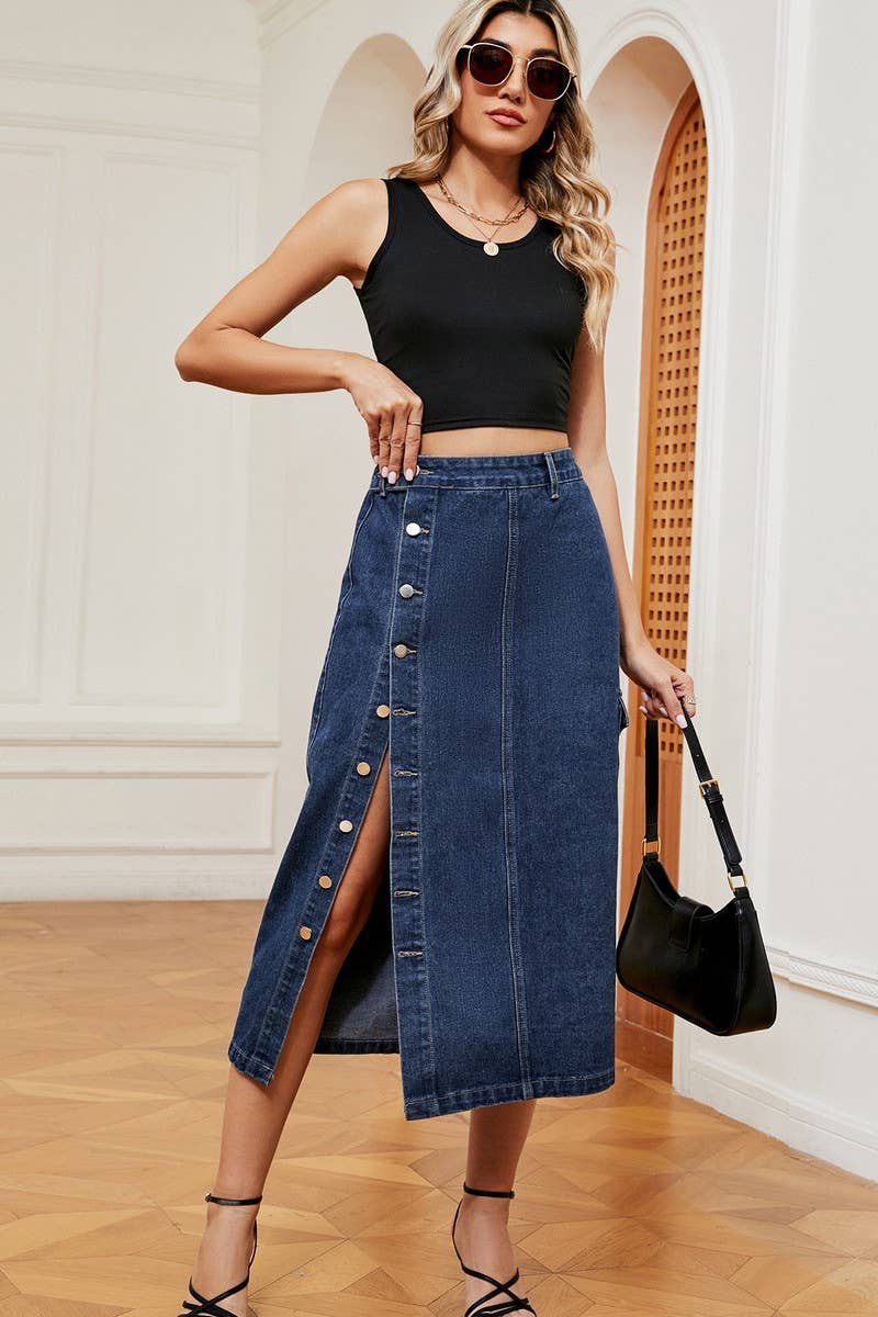 CWJSK00227_TRENDY HALF ELASTIC WAIST DENIM CARGO SKIRT