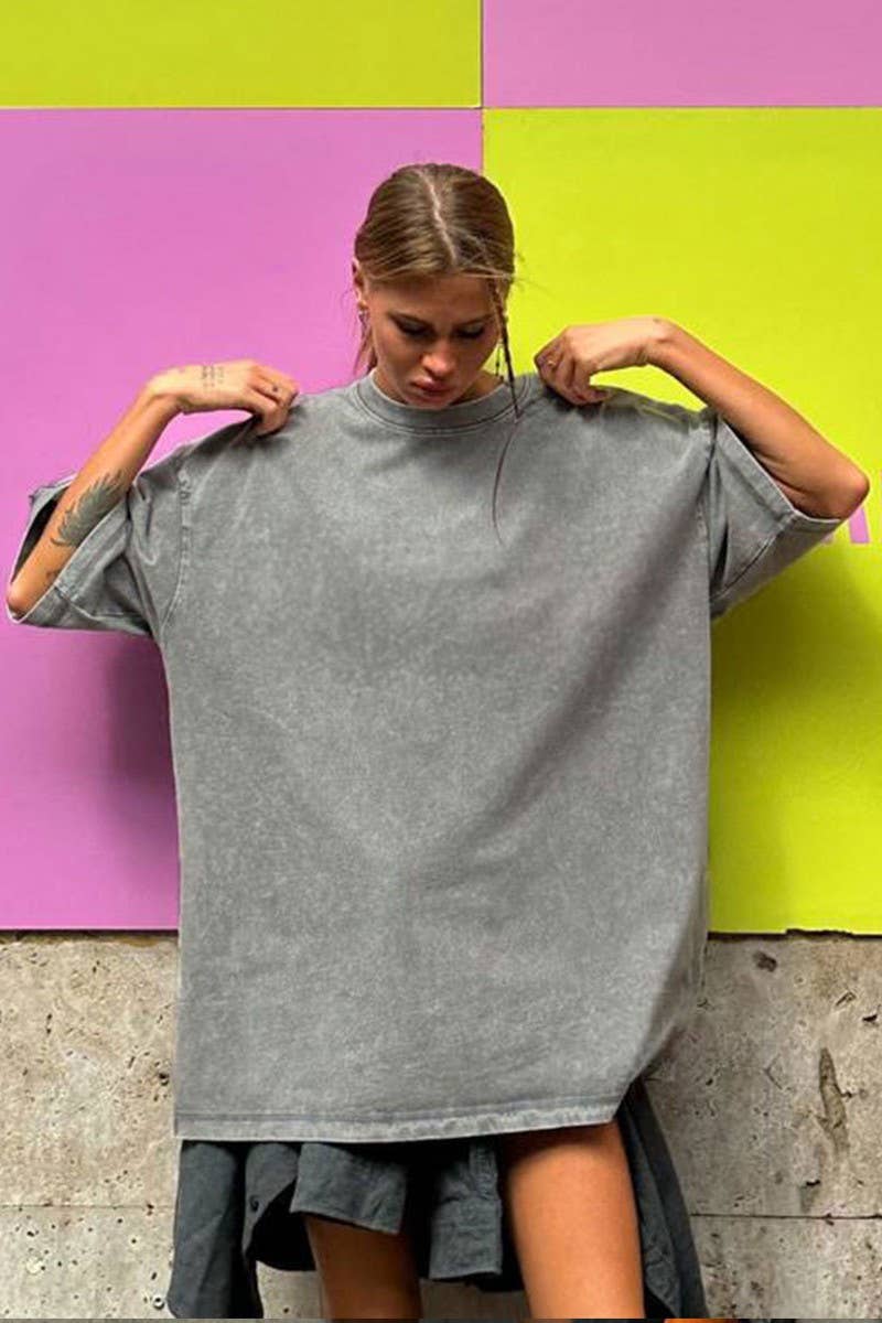 CWTTS1176_ROUND NECK WASHED DISTRESSED SHORT SLEEVE T-SHIRT