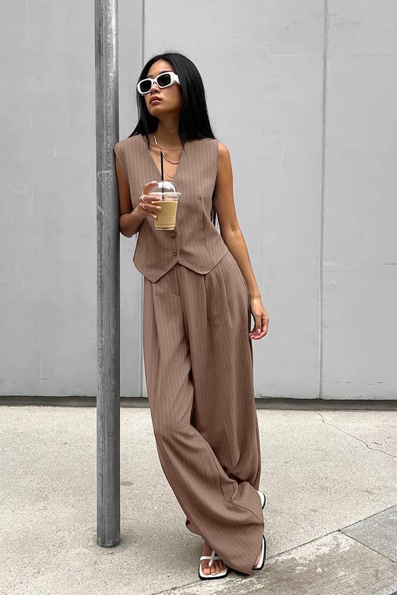 CWSJB0055_RETRO V-NECK STRIPED SUIT TWO-PIECE SUIT