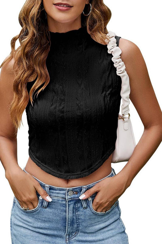 CWTBLSL0585_SLEEVELESS KNITTED ROUND NECK NAVEL VEST TOP
