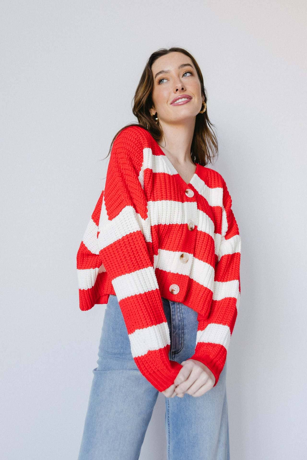Casual striped V-neck loose knitted cardigan